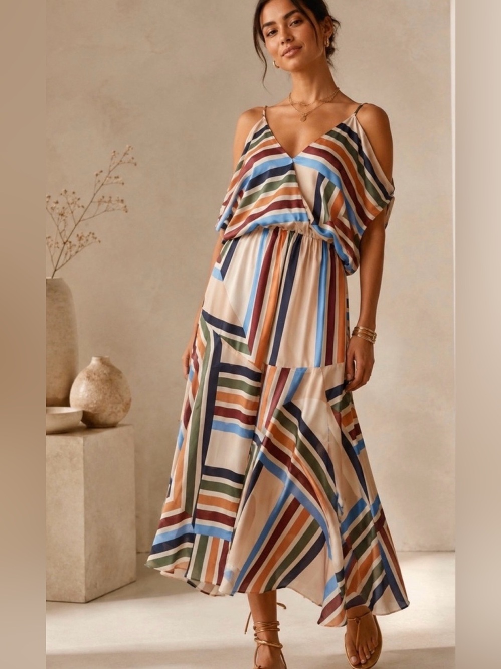 Misa Los Angeles Multicolor Striped Cold-Shoulder Midi Dress Sz M